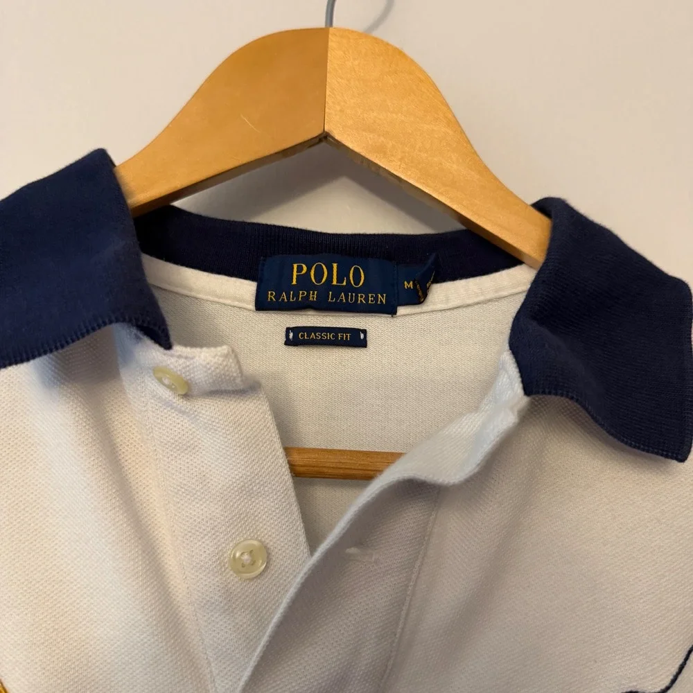 Polo Ralph Lauren Mens Big Pony Colorblock Polo Shirt USA Crest White Red Navy M - Picture 3 of 5